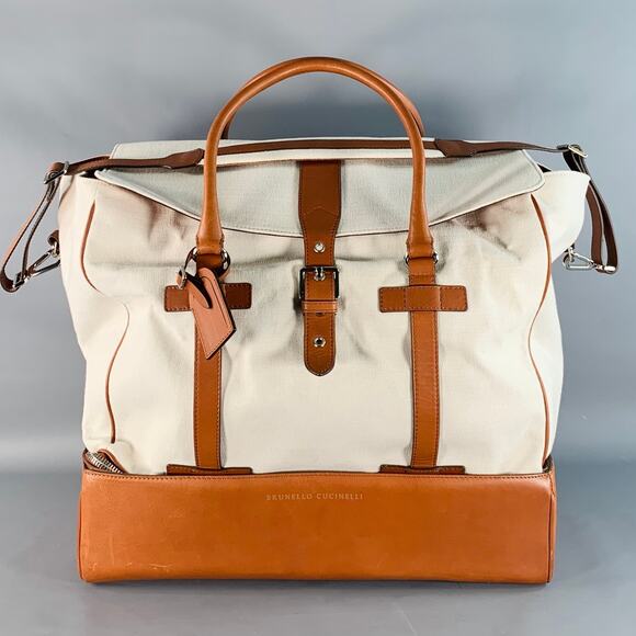 BRUNELLO CUCINELLI Brown Cream Canvas Leather Oversized Weekender Bag - Picture 1 of 10